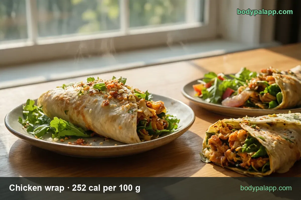 Whole chicken wrap on greens with a second plate behind and a halved wrap showing chicken and greens; 1 wrap 161 g and half wrap 80.5 g.