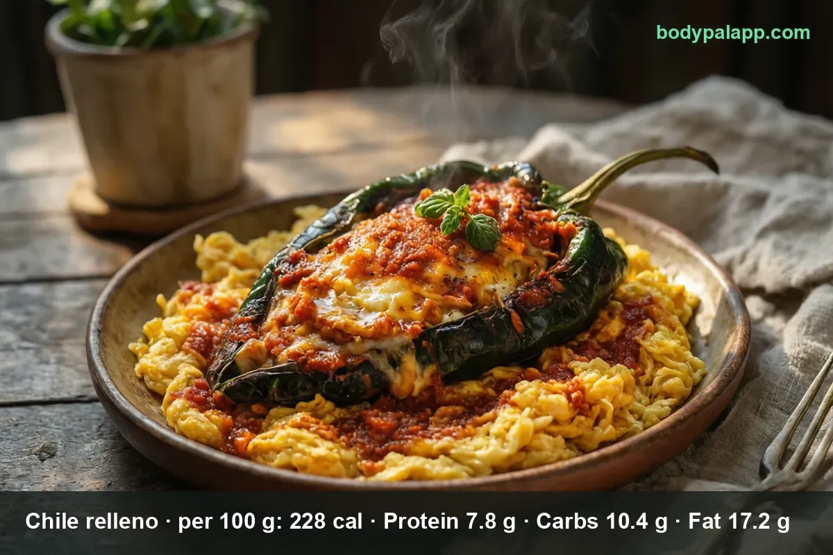 One whole roasted poblano stuffed with melted yellow cheese, served over scrambled eggs and red tomato sauce