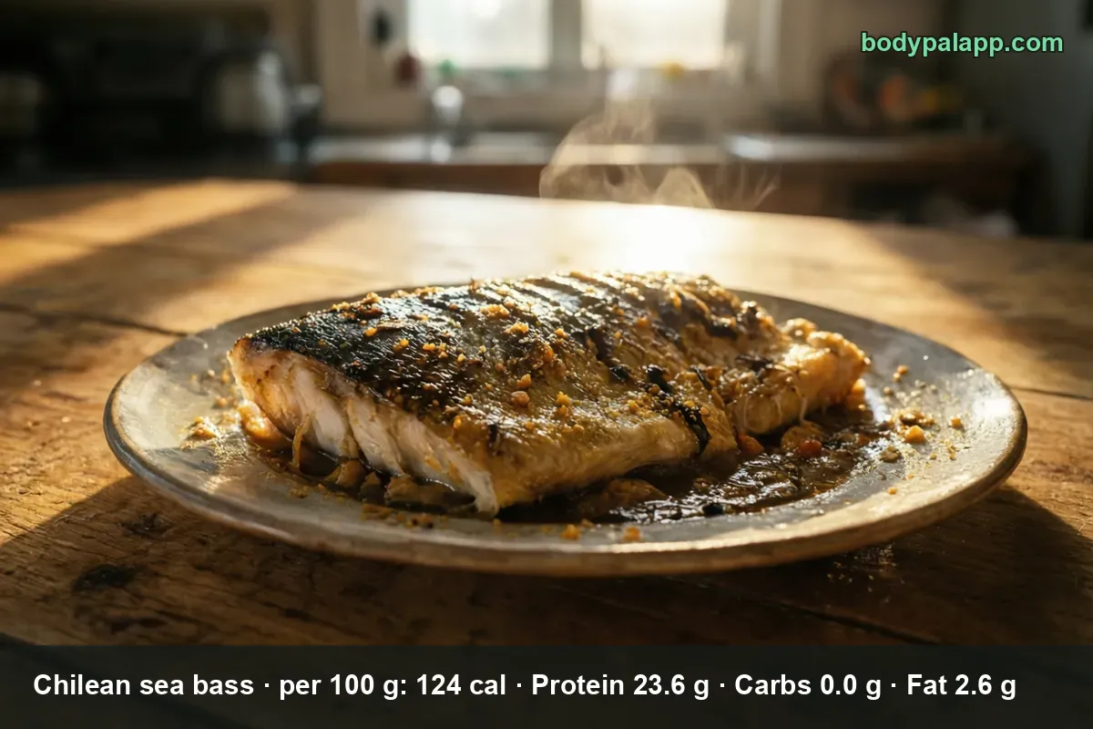 Cooked Chilean sea bass fillet with dark crisp skin and white flaky flesh on a plate