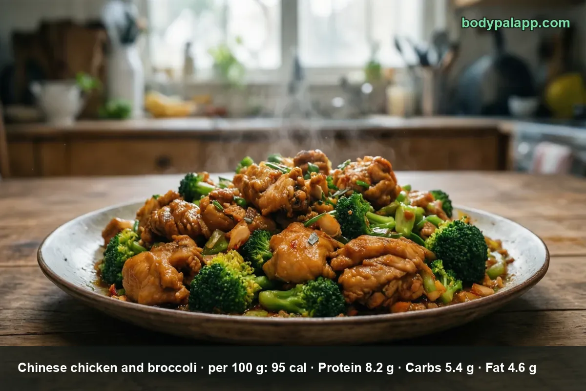 Close-up of a plate of Chinese chicken and broccoli in brown sauce with steam rising.