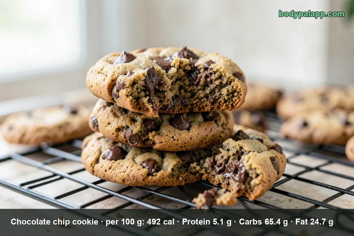 Close-up of one thick chocolate chip cookie with crumbs scattered around it