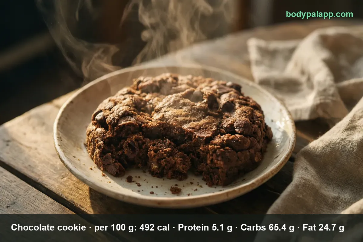 Large chocolate cookie with chocolate chunks on a plate, steam rising