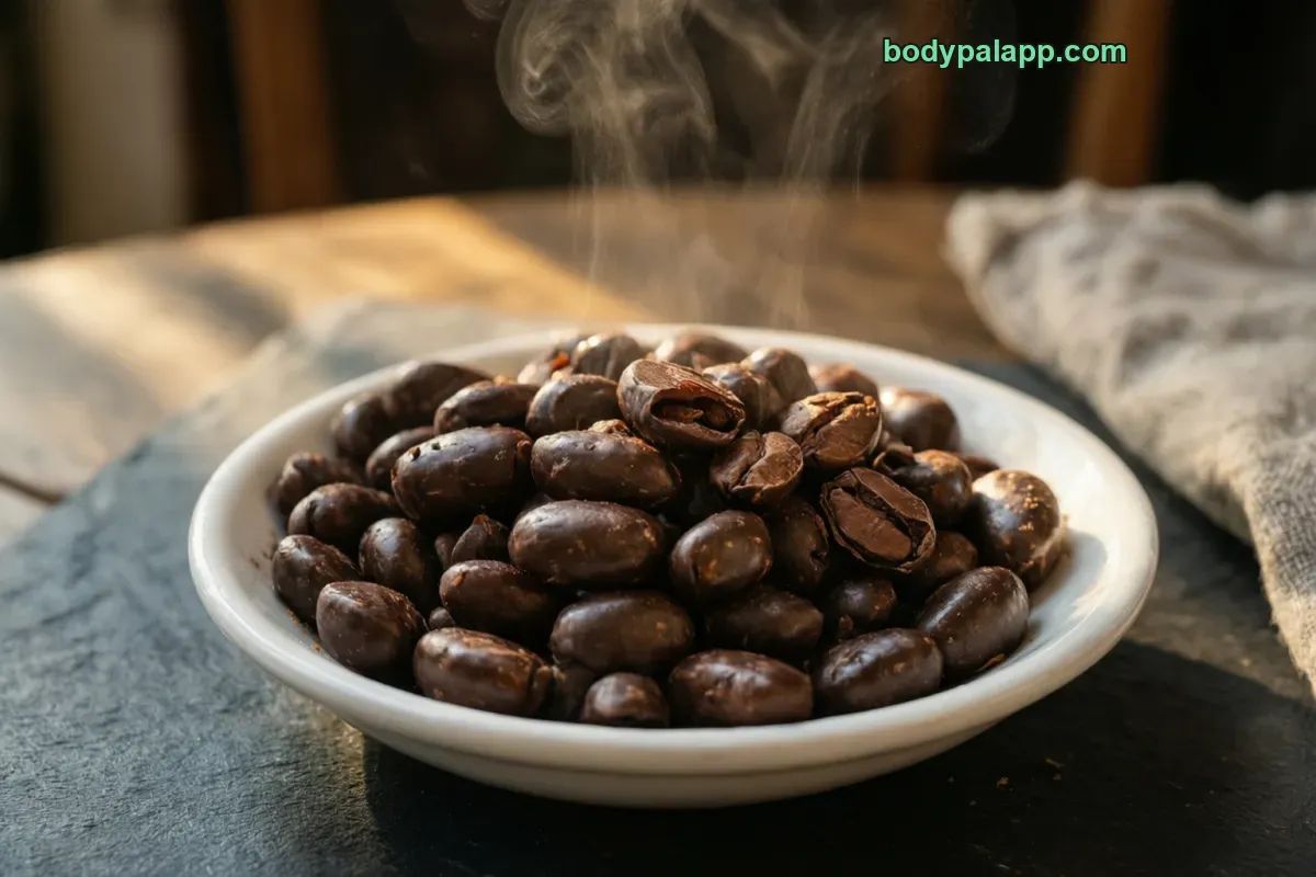 Chocolate covered espresso beans, packaged, per label