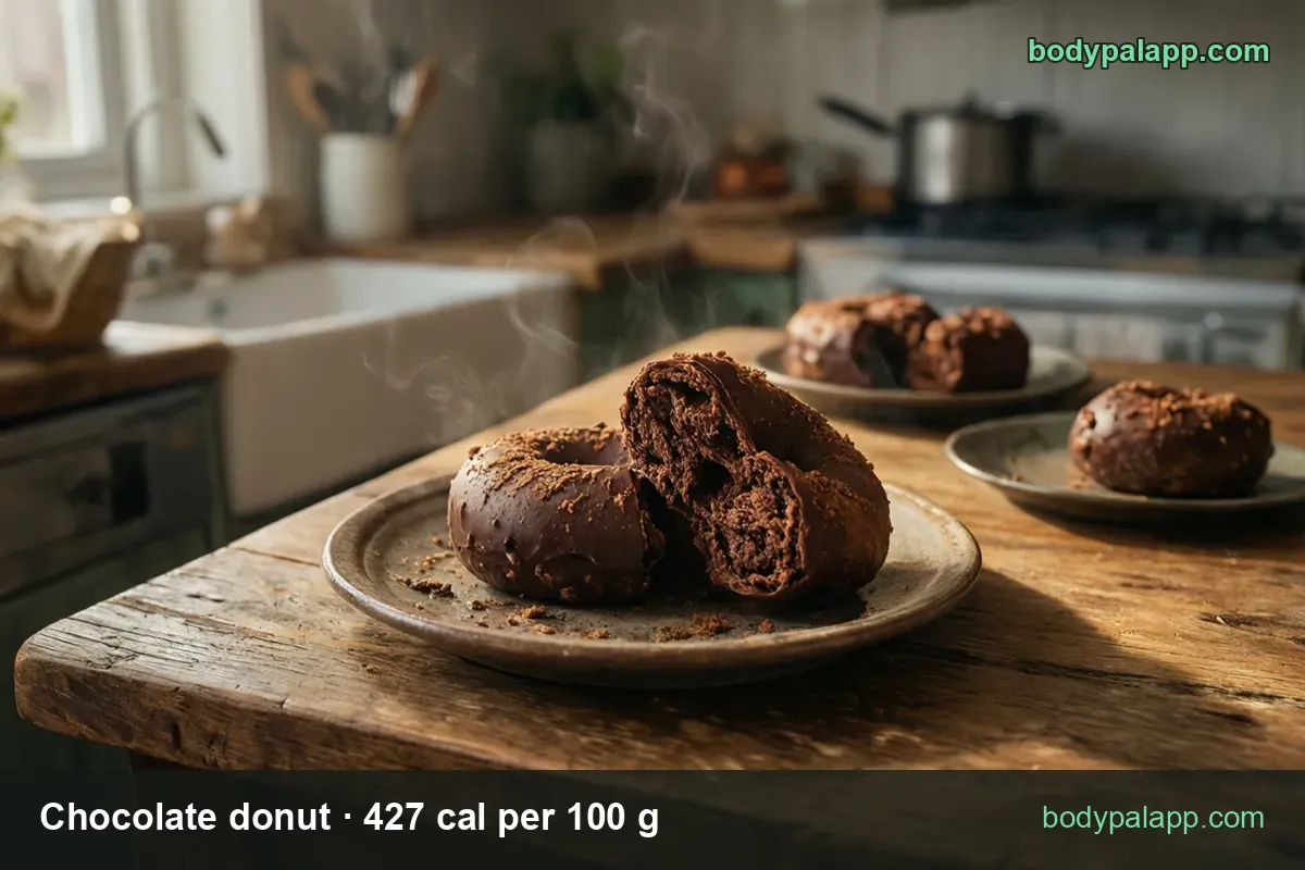 Chocolate donut with chocolate icing halved on a plate, two whole donuts behind; 1 donut (75 g) 320 cal, 1 miniature 64 cal