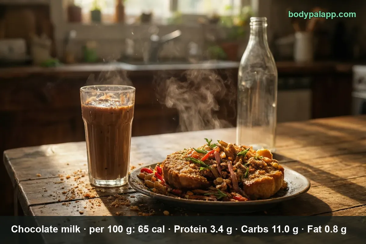 Tall glass of chocolate milk with foam beside an empty glass bottle