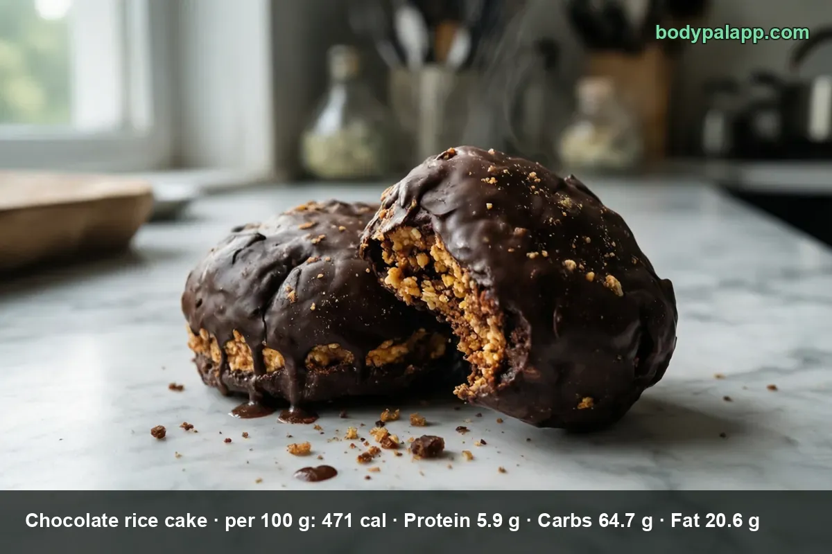 Two oblong chocolate-glazed rice cake bars, one bitten to show the crisp grain inside, with chocolate drops beside them