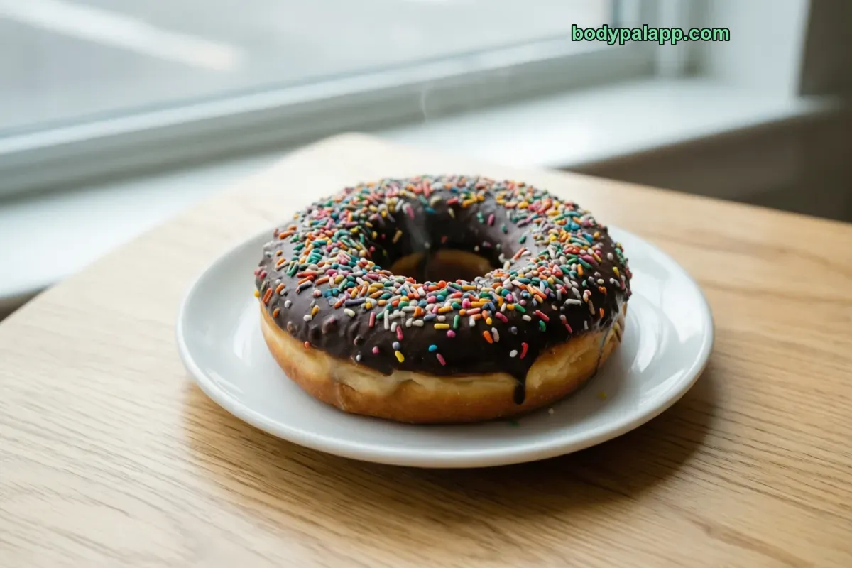 Chocolate sprinkle donut, yeast, chocolate icing