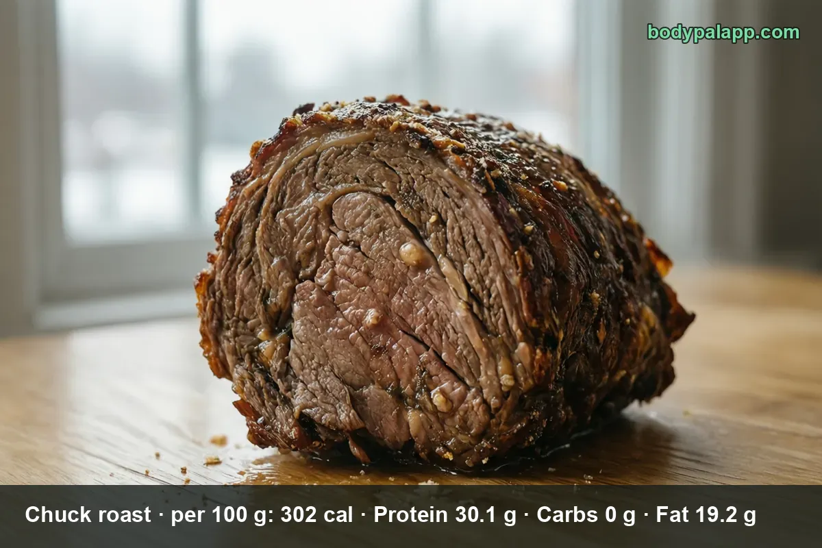 Whole cooked beef chuck roast with a dark seasoned crust on a wooden board, sliced open to show the inside