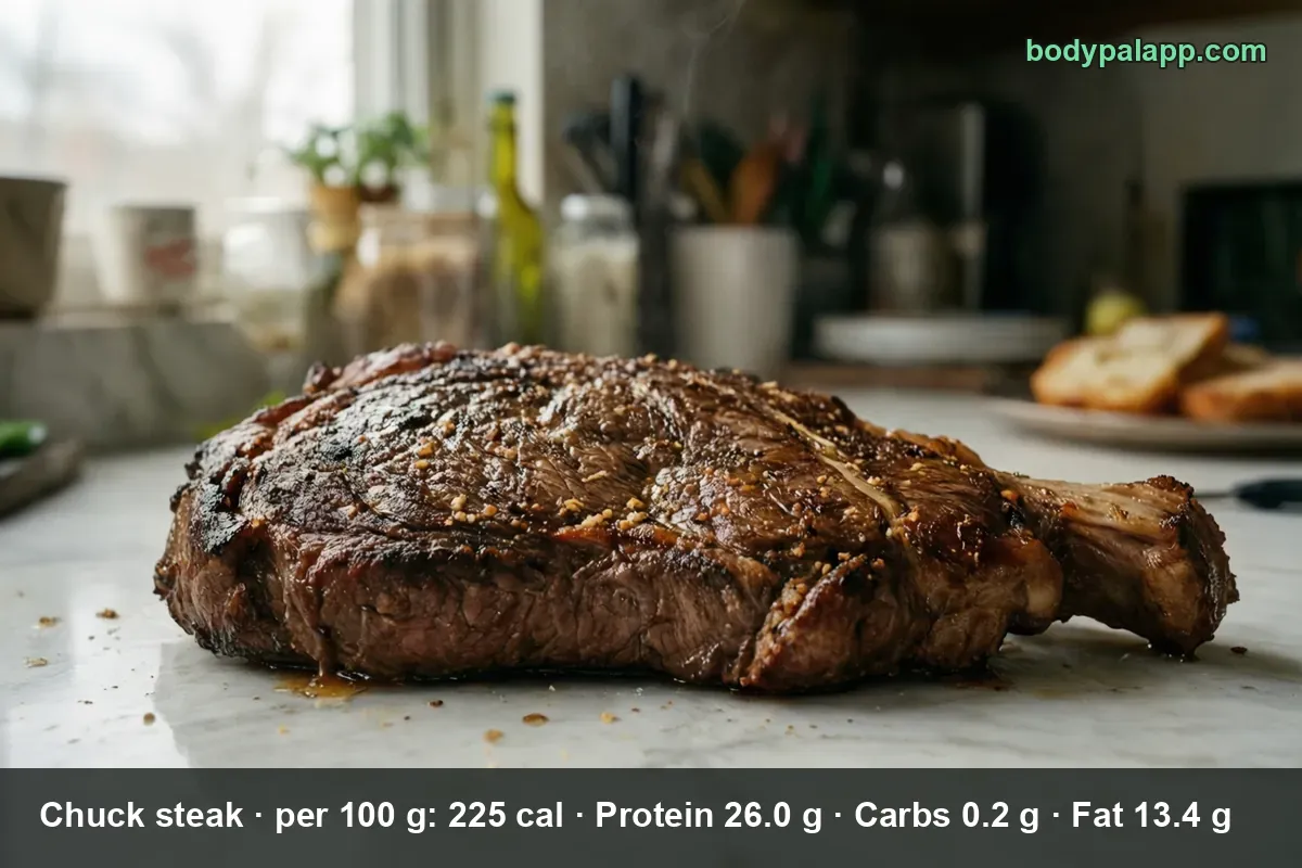 Whole bone-in chuck steak with a deeply seared crust, resting on a marble countertop.