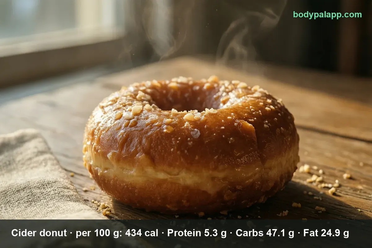 Whole cider donut with shiny glaze and coarse sugar crystals, steam rising and crumbs scattered on the table