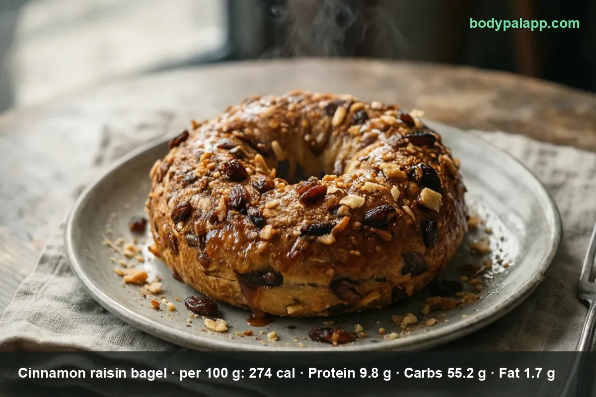 Whole cinnamon raisin bagel with glossy syrup glaze, raisins and coarse topping on a plate, steam rising.