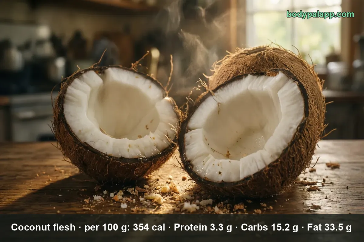 Two fresh coconut halves with white flesh and coconut crumbs on a wooden table, steam rising