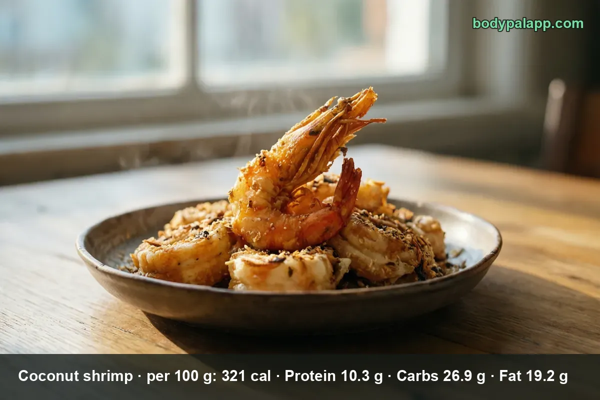 Pile of golden fried coconut shrimp in a deep bowl, one whole tail-on shrimp resting on top