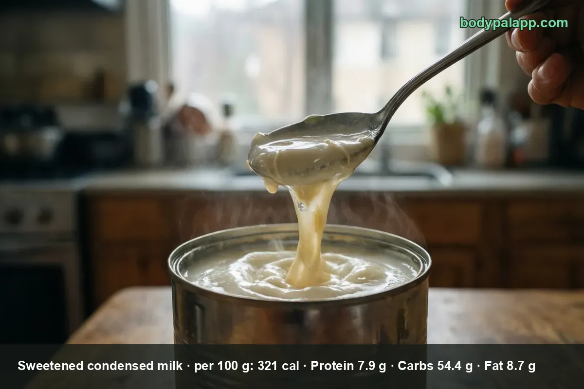 An opened unlabeled can of sweetened condensed milk with a spoon lifting a thick ribbon - 122 calories per 2 tablespoons