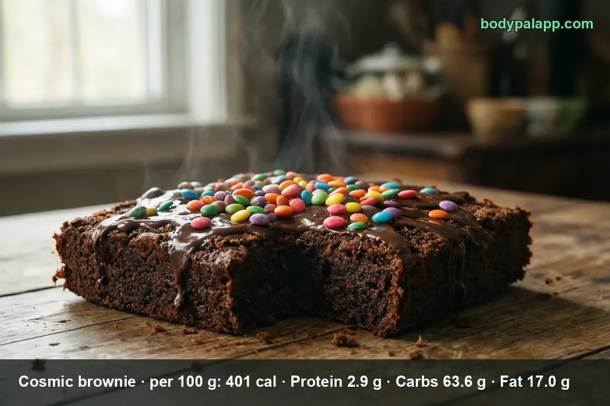 Chocolate-frosted brownie topped with colorful candy pieces, cut into three pieces on a table, one piece on a plate in front.