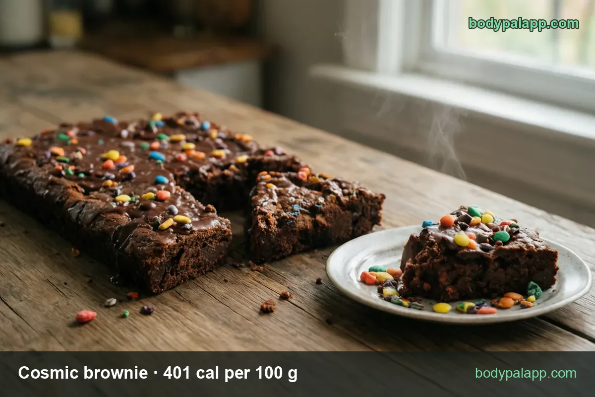 Candy-topped frosted brownie with a piece cut out, labeled 1 medium brownie 65 g 261 cal and 1 large brownie 110 g 441 cal.