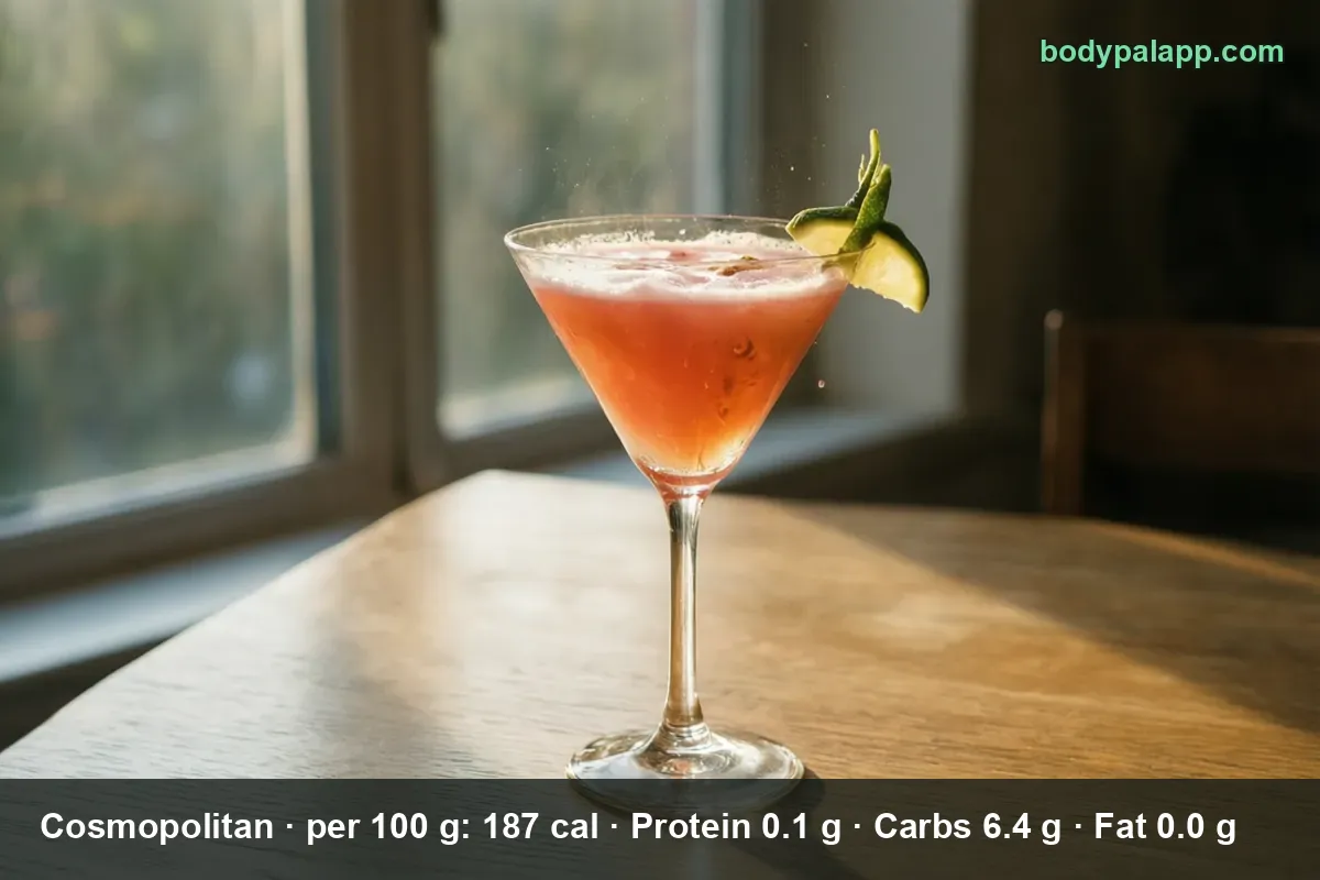 Cosmopolitan cocktail in a martini glass with a lime wedge on a wooden table