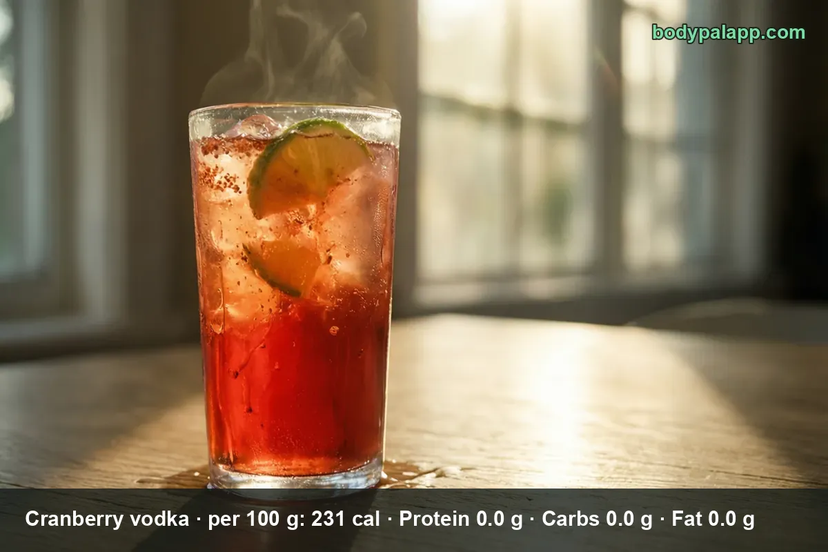Tall glass of cranberry vodka over ice with a lime wedge and cold vapor rising