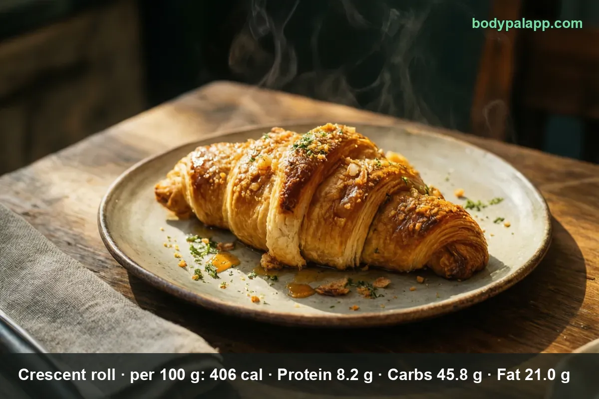 One large baked crescent roll on a plate, steaming, dusted with crumbs and green herbs.