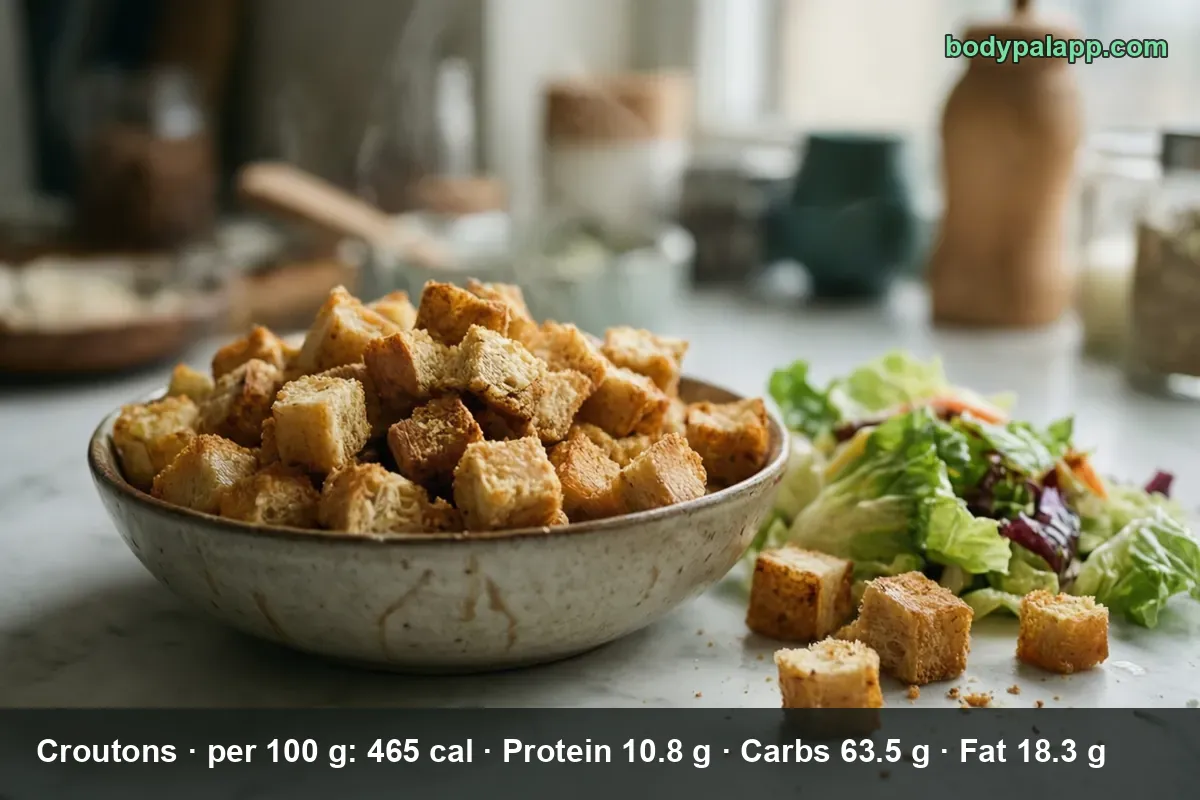Golden seasoned croutons, the food this calorie page covers.