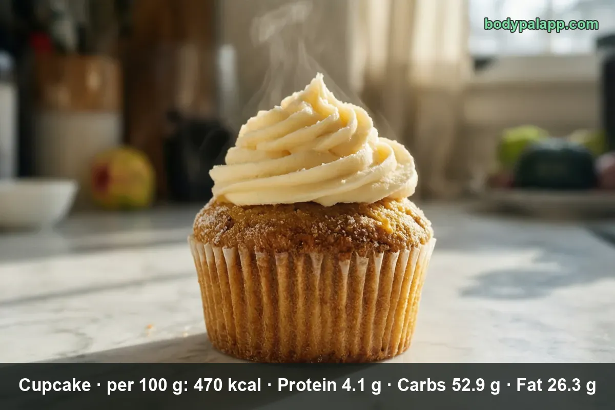 Iced cupcakes on a stand - about 470 calories per 100 g