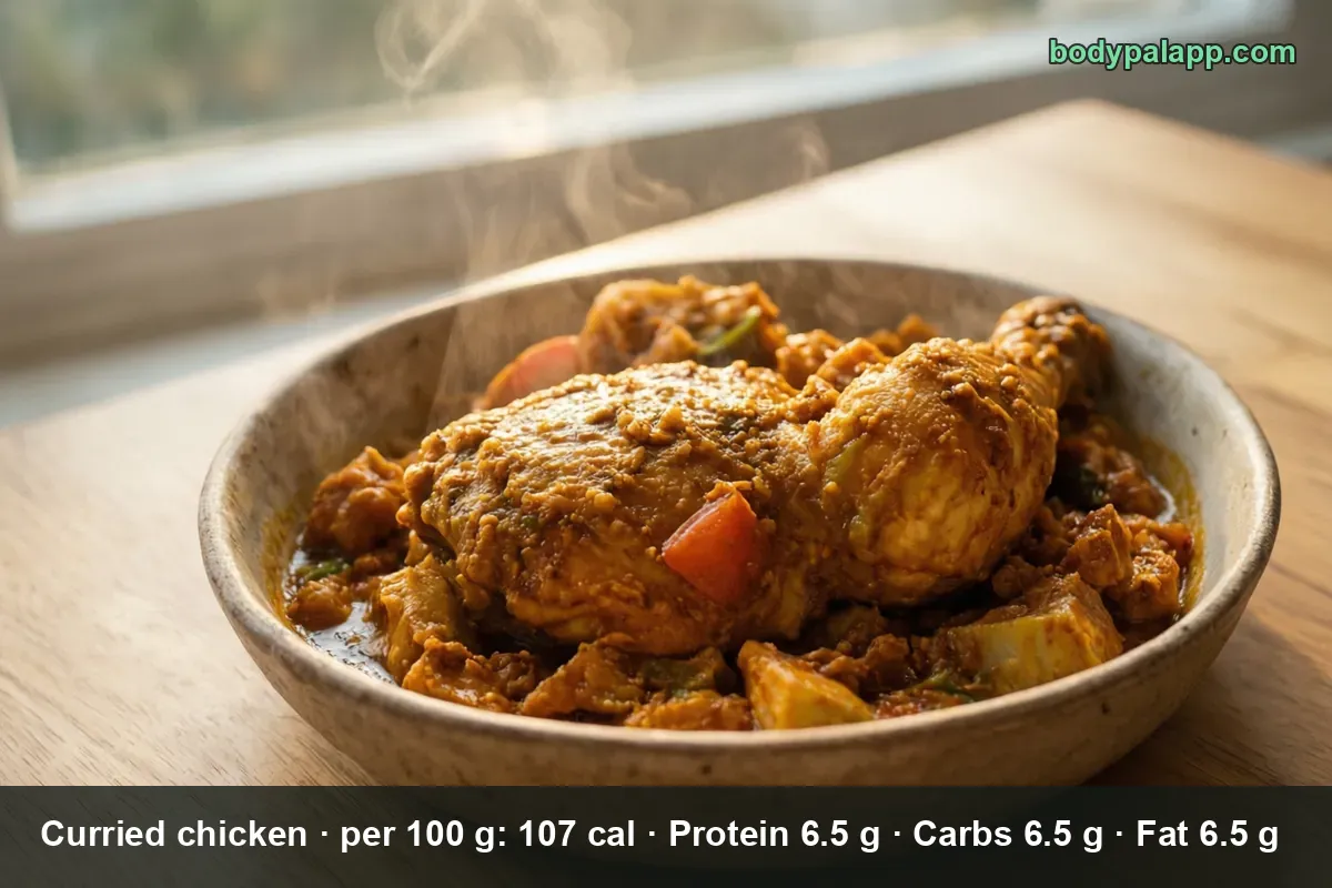 Bowl of curried chicken with a whole chicken thigh and chicken pieces in curry sauce with tomato, steam rising