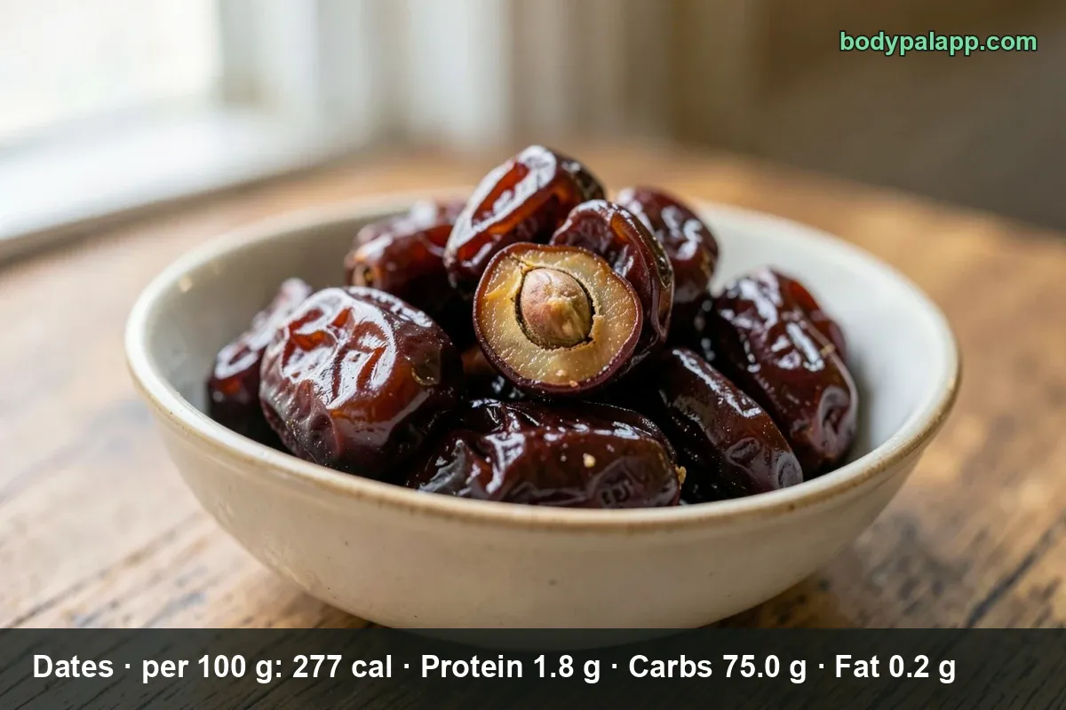 Close-up bowl of whole dark dates with one opened on top and light steam rising.