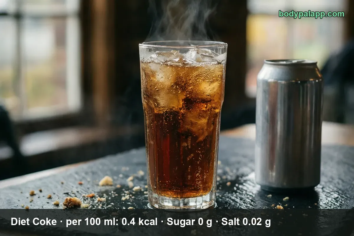 A can of Diet Coke beside a glass of ice - about 1.3 calories per can