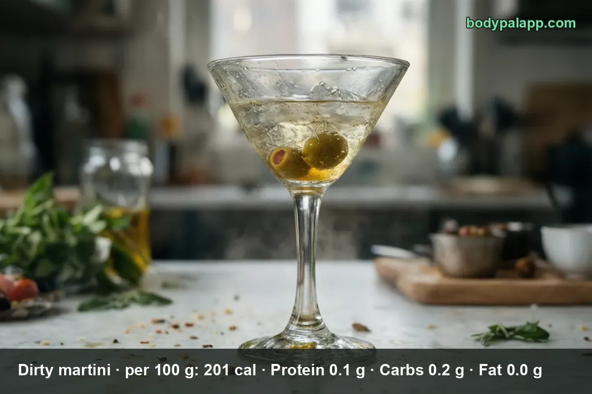 Dirty martini in a chilled cocktail glass with two green olives, one pimento-stuffed, on a marble counter