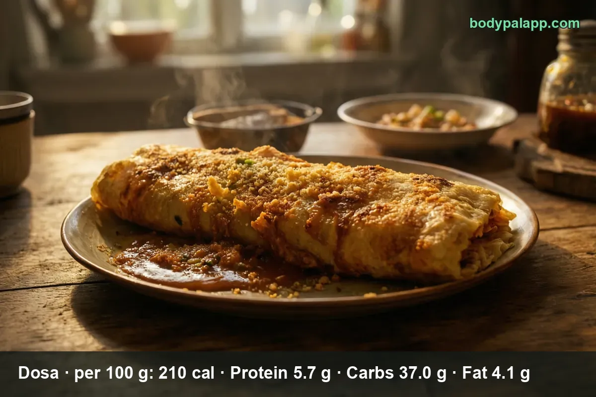Folded dosa on a plate with a small bowl of sambar and a small bowl of chutney