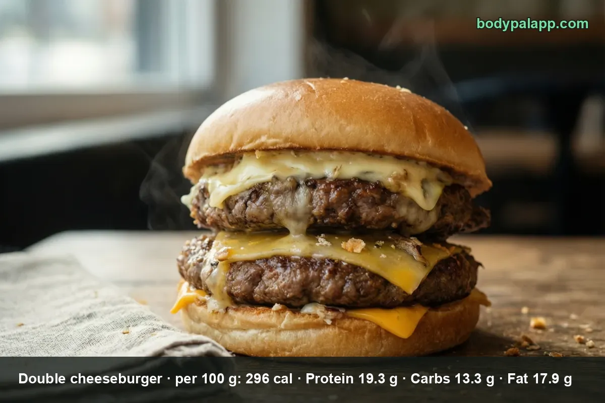 Close-up of a double cheeseburger with two patties, cheese melting over the sides and steam rising