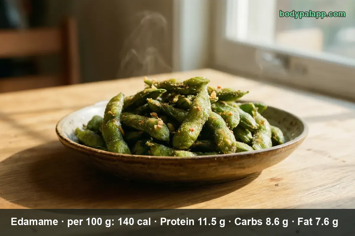 Pile of seasoned edamame pods steaming on a shallow plate