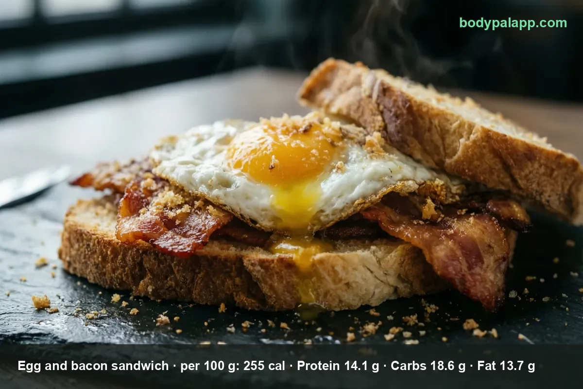 Close-up of an open egg and bacon sandwich on a slice of bread, with a fried egg and a rasher of bacon.