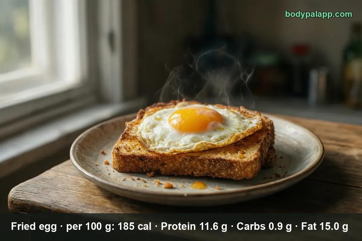 One fried egg on two slices of toast on a plate, steam rising - 248 calories for the plate
