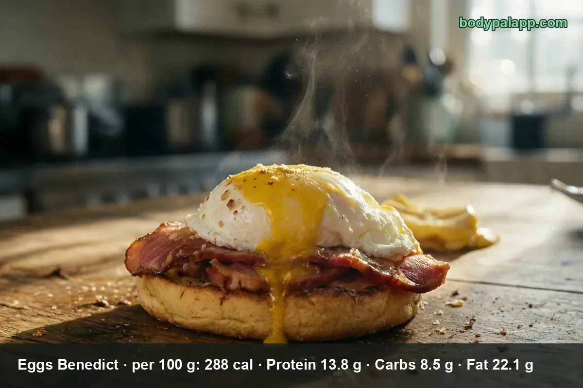 One poached egg on ham and a toasted English muffin half, yolk running out, hollandaise sauce and steam rising.