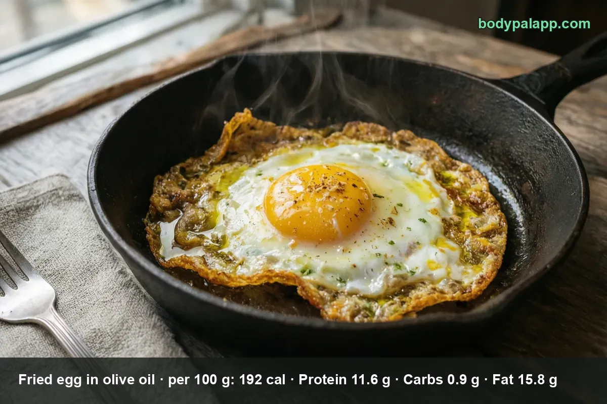 One fried egg with a runny yolk in a cast iron skillet with visible olive oil and rising steam