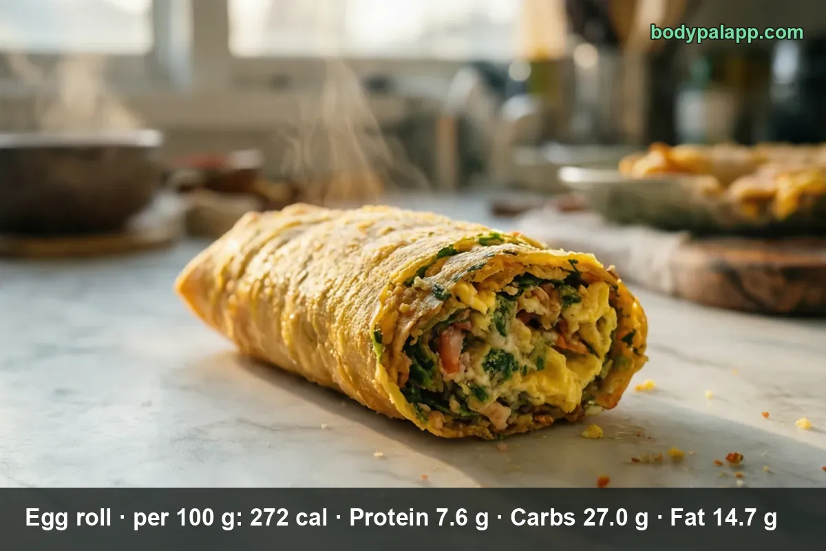 One rolled egg roll on marble with a cut end showing spinach and scrambled egg filling