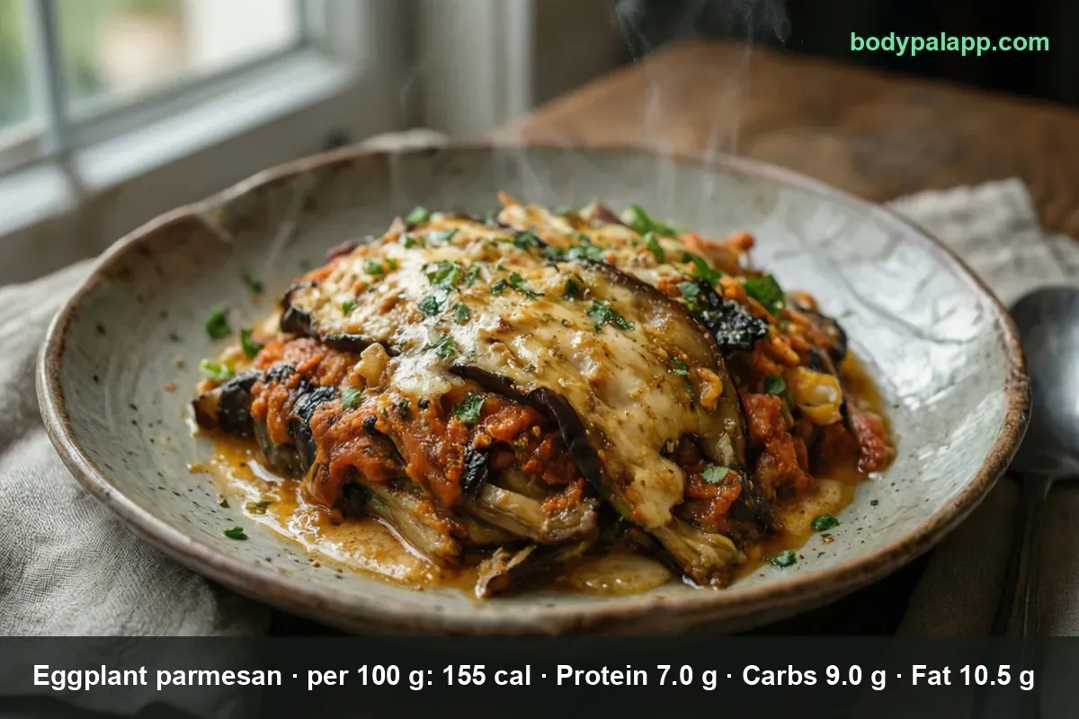 A single serving of eggplant parmesan on a plate, melted cheese on top and steam rising.