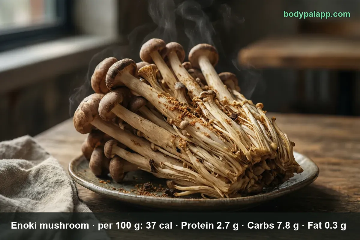 A cluster of enoki-type mushrooms with joined pale stems and brown caps on a plate.