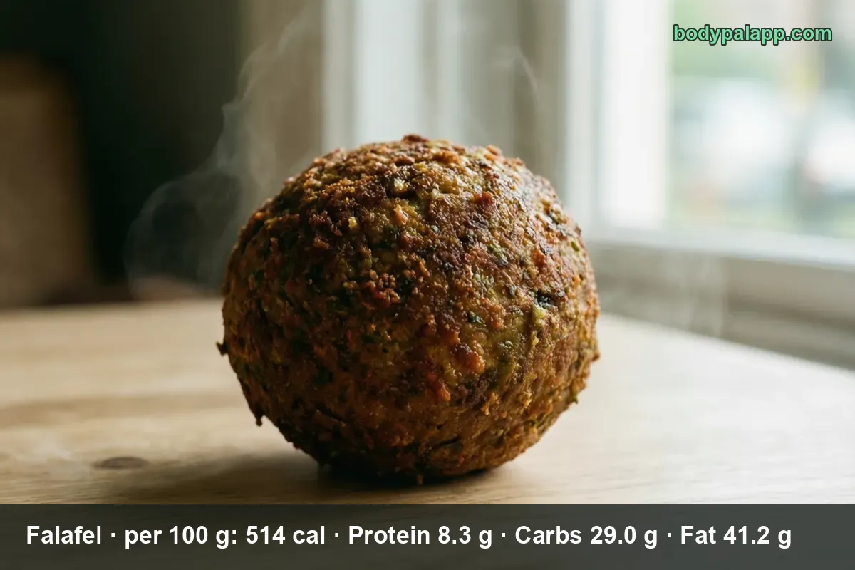 A single golden falafel ball shown in very large close-up scale on a wooden counter.