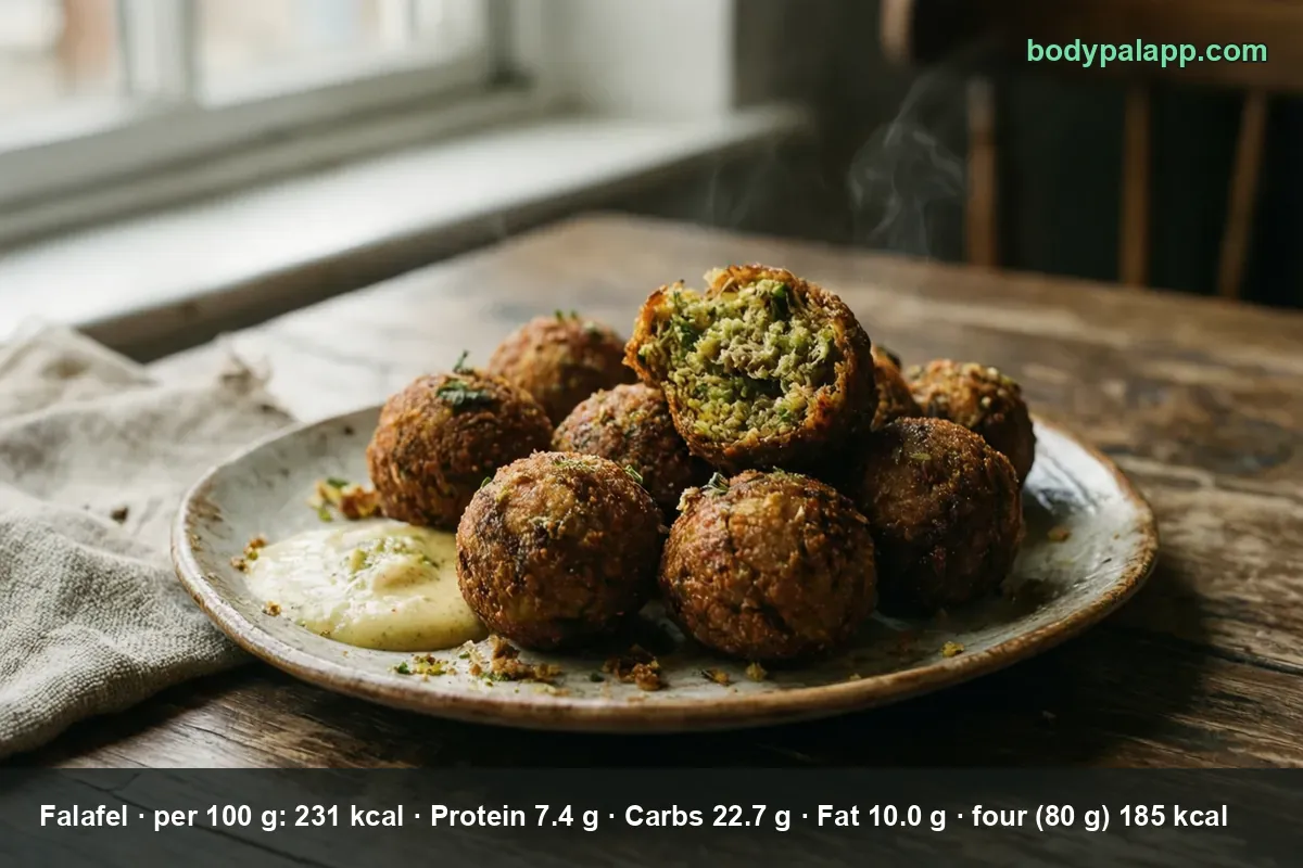 Falafel balls on a plate - 46 calories each, 185 calories per portion