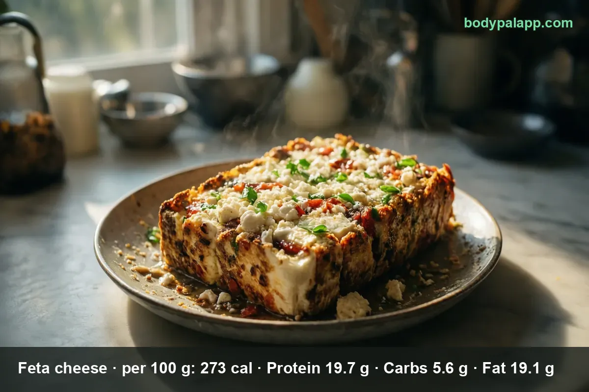 Baked block of feta cheese with tomatoes and basil on a plate