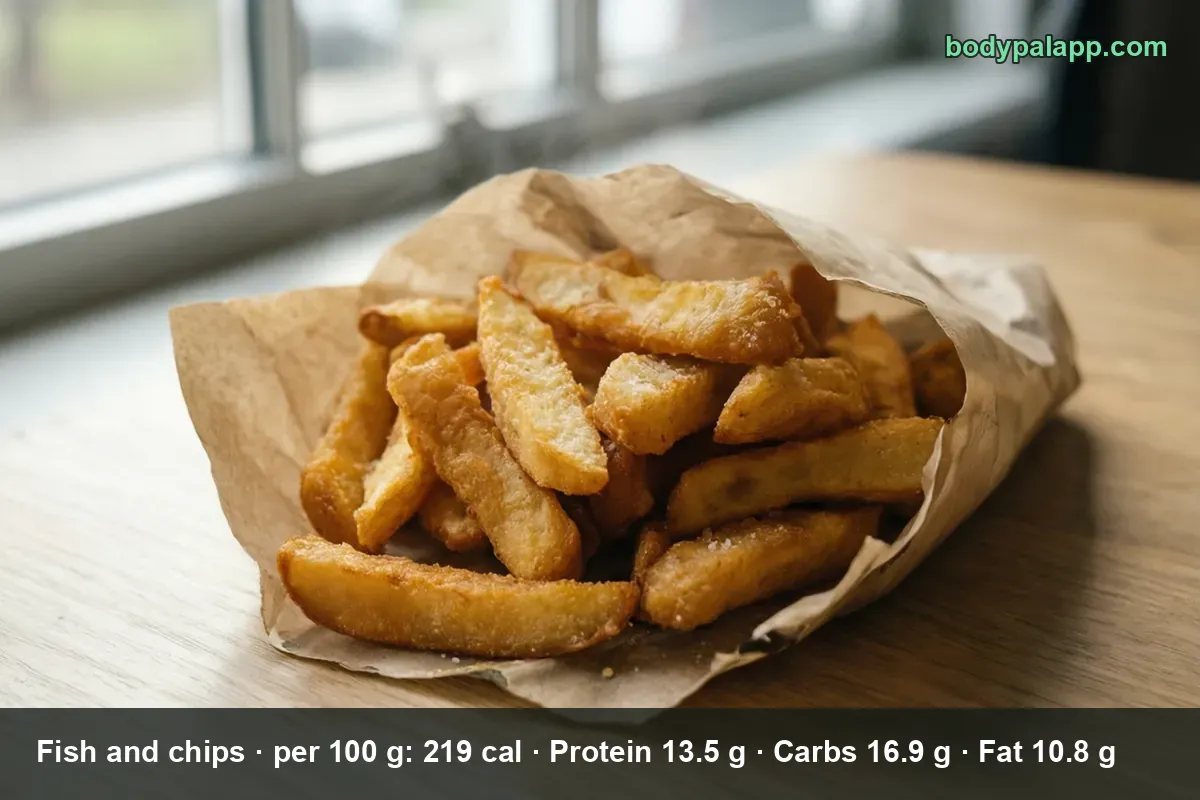 Portion of thick-cut fried chips in a brown paper bag