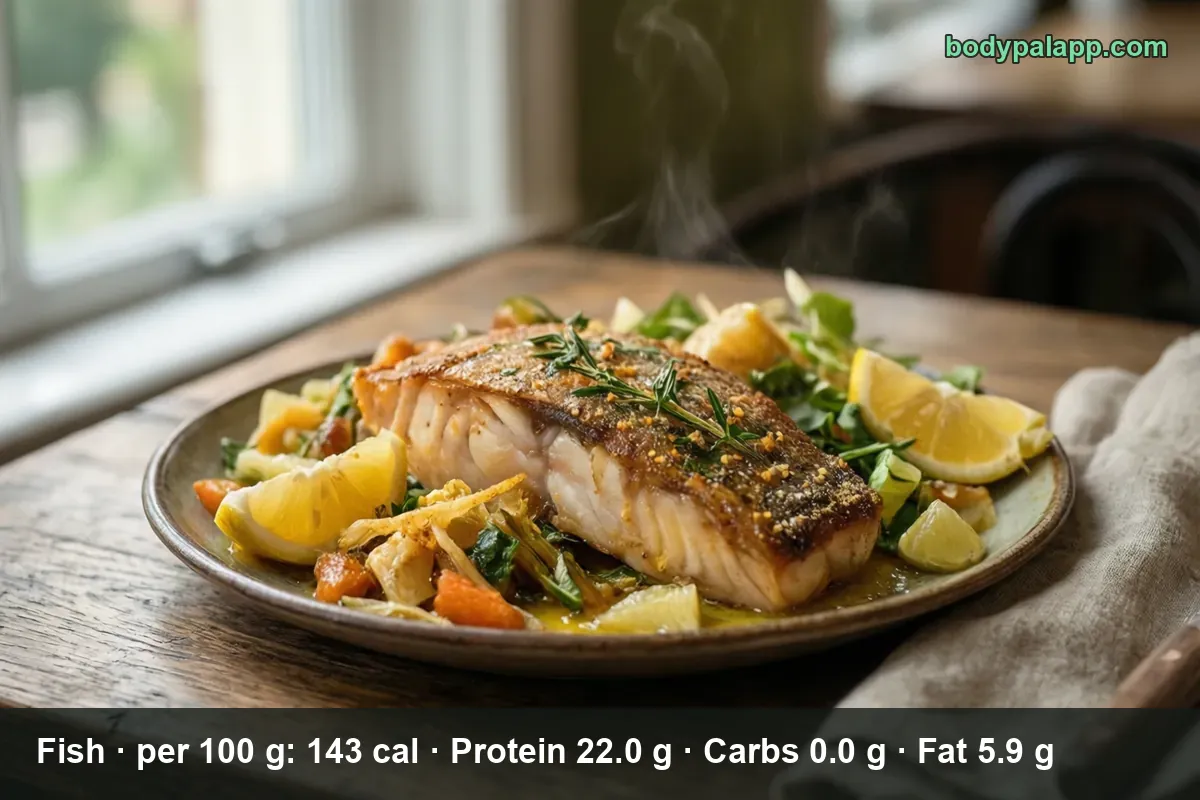 Baked white fish fillet with a crisp crust served on roasted vegetables with lemon