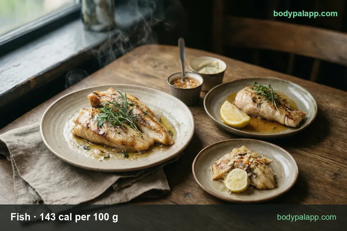 Baked white fish on three plates with lemon and sauce - 1 fillet (90 g) 129 cal and 1 large fillet (135 g) 193 cal