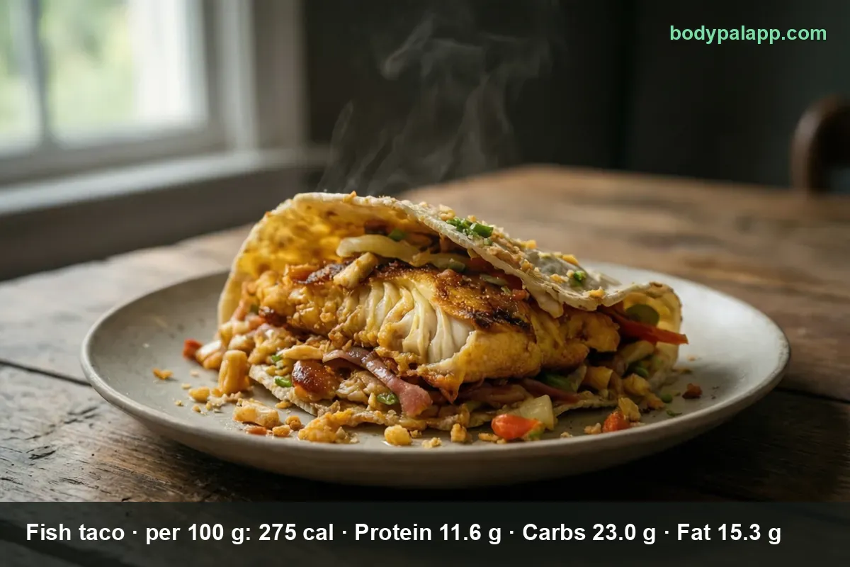 One large folded fish taco on a plate, steaming, battered fish fillet in a corn tortilla