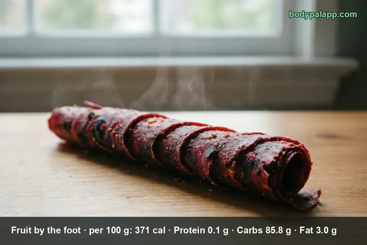 One dark red rolled strip of fruit leather on a bare wooden table, unwrapped and without any brand packaging.
