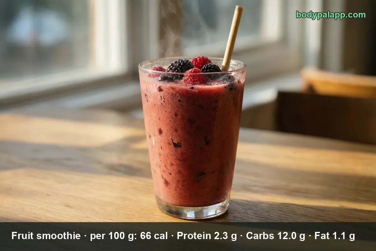 Tall glass of dark pink fruit smoothie topped with raspberries and blackberries, with a paper straw