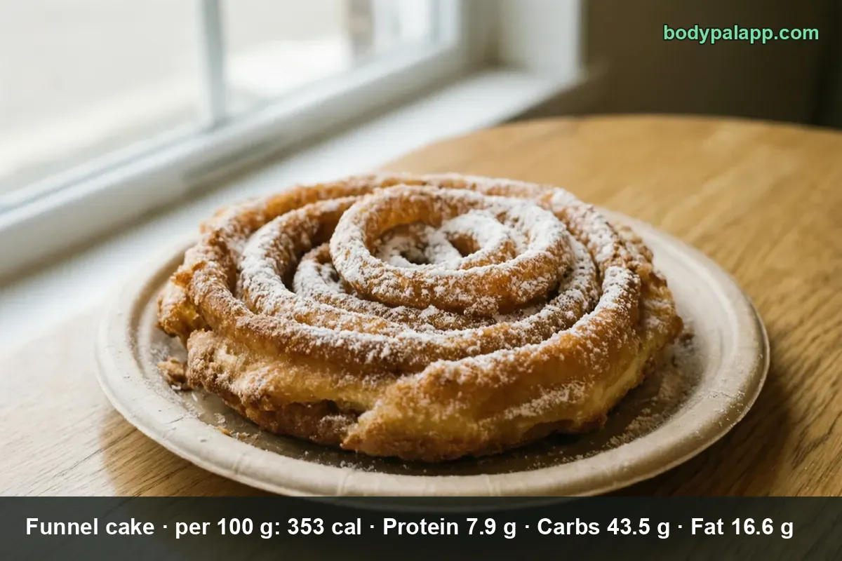 Whole spiral funnel cake dusted with powdered sugar on a plate, with a slice cut away at the front