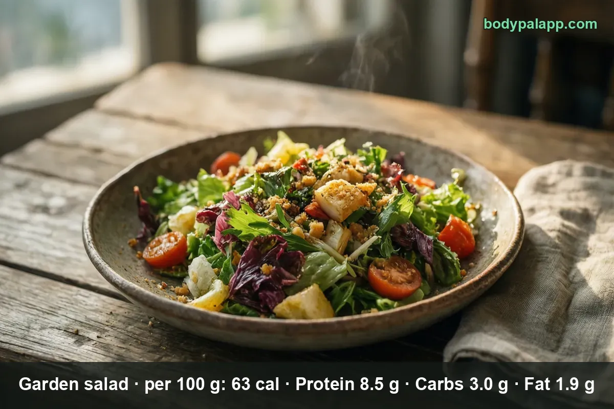 Plate of garden salad with lettuce, radicchio, cherry tomatoes, cheese and potato pieces and crouton crumbs